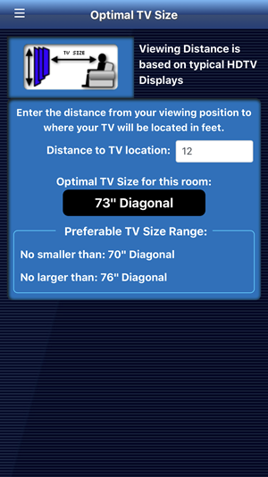 TV app optimal TV sizes